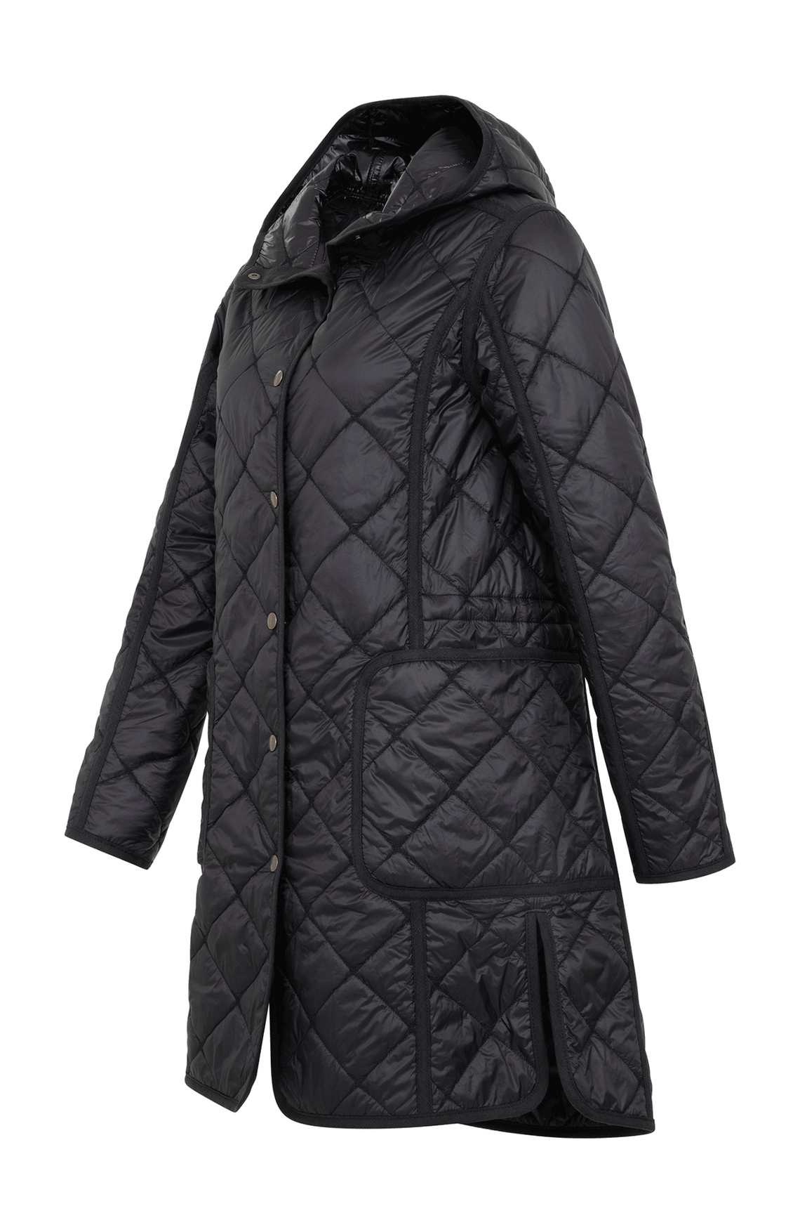 Sporty mid-length coat in lightweight quilted fabric with a hood and a fine quilted pattern. The breathable coat is water- and dirt-repellent and padded with a light, high-loft down wadding. Side vents, an adjustable inner drawcord, bound seams and metal press studs provide comfort and a refined finish. Two press-stud pockets complete the functional design. Ideal for changeable weather and easy to combine.