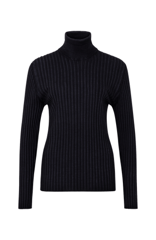 Lockerer Damen-Rollkragenpullover in Schwarz (Farbe 01-0 Black), Modell 533601 MarleenDyed-RB, aus weicher Baumwollmischung, zeigt das elegante Design und die feine Strickstruktur – ideal für kühle Tage und vielseitig kombinierbar