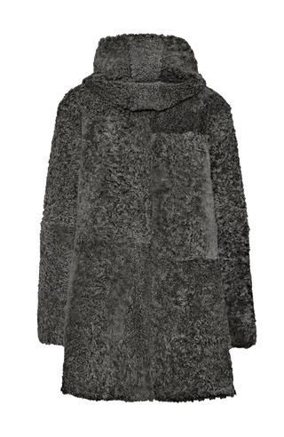 Damen Lammfellmantel mit Kapuze von Frauenschuh, Modell Olivera in der Farbe dunkelgrau Rueckansicht– luxuriöser Wintermantel aus hochwertigem Lammfell für stilvolle Wärme.
