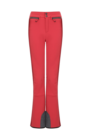 Performance Skihose SerafinaMulti-S aus Schöller Softshell, figurbetont mit leicht ausgestelltem Bein, Lodenstreifen an der Seite, zwei markante Taschen mit Zip, klassische Frauenschuh Features wie Kantenschutz aus Alcantara-Leder, Sicherheitsdruckknöpfe, Knieabnäher und Schneefang. Robustes, elastisches Material, wasser- und windabweisend, ideal zum Skifahren oder Schneewandern. In der Farbe Rot (Farbe: poppy)