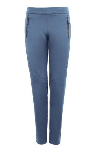 Vorderansicht der Damen-Stretchhose Clio-NP in Denim-Blau (Farbe 209-0 Denim) – sportlich-elegante Hose mit elastischem Bund und schmaler Passform, aus weichem Stretchmaterial, ideal für Freizeit und Alltag, perfekt für Frühling und Sommer