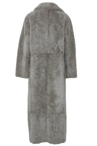 Bodenlanger Damen Lammfellmantel Modell 738393 Johanna Long LL in savanna , Rueckansicht Fellseite, gerade Passform, wendbar mit Glattleder außen und lockigem Fell innen, Reverskragen