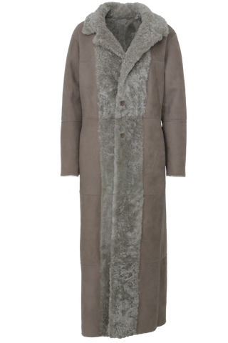 Bodenlanger Damen Lammfellmantel Modell 738393 Johanna Long LL in savanna , Vorderansicht, gerade Passform, wendbar mit Glattleder außen und lockigem Fell innen, Reverskragen