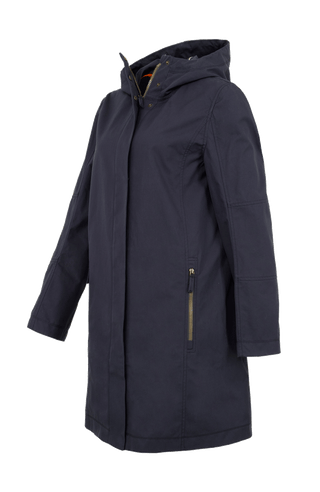 Damen-Knielanger Mantel aus Outdoor Cotton, wasser- und windabweisend, gerade Passform mit schmaler Silhouette, Stehkragen und weitenregulierbare Kapuze, Knopfleiste mit verdecktem Zwei-Wege-Zipper, Ripsband an Ärmelabschlüssen und Saum, seitliche Taschen mit markantem Zipper. In der Farbe Dunkelblau (Farbe: midnight).