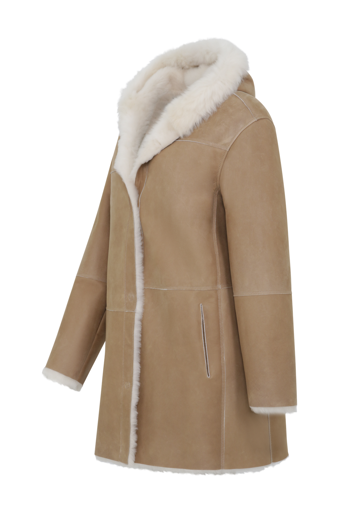 Damen Lammfellmantel Modell 698724 Olivera LCP in Caramel, Seitenansicht, aus voluminösem Lacon Cashmere Plus mit Kapuze und legere Passform