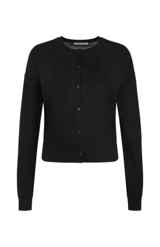 Luxuriöse Damen-Strickjacke aus Wolle, Kaschmir und Seide mit lockerem, leicht verkürztem Schnitt. Besonders weich auf der Haut, mit klassischen Rundhalsausschnitt und Rippbündchen an Ärmeln und Saum. Vielseitig kombinierbar für elegante oder lässige Looks.