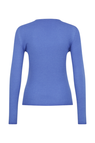 Eng anliegender Damen-Kaschmirpullover mit Rundhalsausschnitt in oceanblue  Modell 640601 AvrilDyed-RB –Rueckansicht Freisteller.