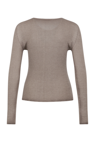 Eng anliegender Damen-Kaschmirpullover mit Rundhalsausschnitt in cashmere Modell 640601 AvrilDyed-RB –Rueckansicht Freisteller.