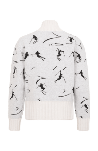 Cashmere Merino Pullover weiß mit Schifahrer Motiv von hinten