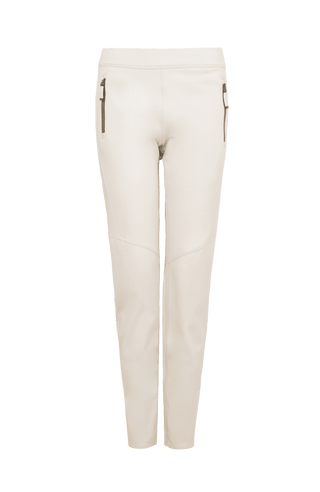 Vorderansicht der Damen-Stretchhose Clio-NP in Sandstein (Farbe 235-0 Sandstone) – sportliche Freizeithose von Frauenschuh in einem neutralen Beige-Ton, mit elastischem Bund und schmaler Passform, aus weichem Stretchmaterial, ideal für entspannte Freizeitoutfits im Frühling und Sommer
