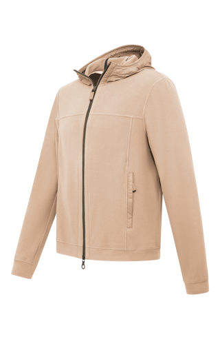 Herrenjacke „Thomas“ von Frauenschuh in weißem Farbton, gefertigt aus nachhaltigem Biodegradable Fleece. Die Jacke verfügt über einen minimalistischen Schnitt, verstellbaren Nylon-Kapuzenkragen, praktische Reißverschlusstaschen und einen Zweiwegereißverschluss.