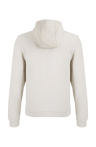 Rückansicht der Herrenjacke "Thomas" von Frauenschuh in weißem Farbton, gefertigt aus umweltfreundlichem Biodegradable Fleece. Die stilvolle Jacke ist leicht und ideal für alle Jahreszeiten, mit modernem Schnitt und funktionalem Design – perfekt kombinierbar mit schlichten T-Shirts und nachhaltigen Accessoires
