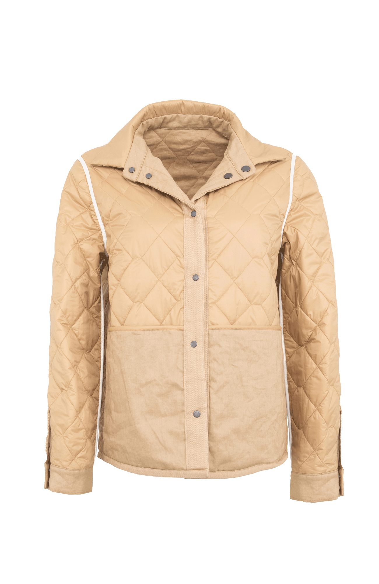 Outdoor-Hemdjacke aus Italian Quilt mit Leinen außen und wattiertem Quilt innen, wendbar für zwei unterschiedliche Looks. Leichtes, wärmendes Material mit Rhombensteppung und sportiver Optik auf der Quilt-Seite. Mit Metalldruckknöpfen, großzügigen Seitentaschen sowie Ripsband-Details an Knopfleiste, Seitennähten und innerem Ärmelverlauf. Ärmelbündchen mit je zwei Druckknöpfen. Leicht und wärmend zugleich.