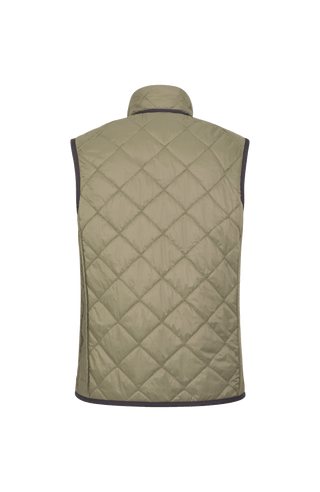 Rückansicht der Herren-Quiltweste „Henri-QL“ von Frauenschuh in Sage (Grün), hochwertiges, leicht glänzendes Nylon mit markanter Rautensteppung; ausgestattet mit Stehkragen, durchgehendem Zwei-Wege-Reißverschluss und verschließbaren Seitentaschen, die sportlich-elegante Weste überzeugt mit klarer Linienführung, funktionalem Design und leicht taillierter Passform – ideal für Frühling und Sommer als stilvolle Ergänzung zur Herren-Garderobe