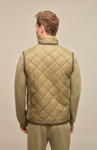 Rückansicht eines Herrenmodels mit der gesteppten Weste „Henri-QL“ von Frauenschuh in Sage (Grün); hochwertige Nylon-Qualität mit feiner Rautensteppung, sichtbar über die gesamte Rückenfläche; sportlich-taillierte Passform betont Schultern und Rücken; dezente Nahtführung für ein klares, modernes Design; ideal für die Übergangszeit Frühling und Sommer; das Model steht mit dem Rücken zur Kamera und trägt die Weste über einem leichten Oberteil – stilvolle Kombination aus Funktionalität und Luxusmode