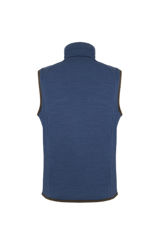 Rückansicht der Herren-Quiltweste „LucasMulti-QL“ in der Farbe Alaska Blue; Rückenteil gefertigt aus elastischem, atmungsaktivem Wool Power Stretch in passender Farbnuance – sorgt für maximale Bewegungsfreiheit und Temperaturausgleich; die seitlichen und vorderen Partien bestehen aus rautenförmig gestepptem Nylon; ergonomisch geschnittener Rücken mit leicht taillierter Silhouette und flachen Nähten – eine komfortable Lösung für aktive Frühjahrs- und Sommerlooks mit Anspruch an Stil und Funktion