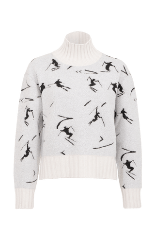 Cashmere Merino Pullover weiß mit Schifahrer Motiv von vorne