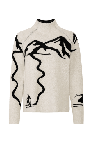 Vorderansicht eines Damenpullovers aus 100 % extrafeiner Merinowolle, Modell „Chatel-ME“ in der Farbe Weiss. Die Vorderseite zeigt ein kunstvoll gestaltetes Jacquard-Motiv aus skizzierten Berglandschaften, urbanen Elementen und dynamischen Skifahrern. Das hochwertige Merinogarn – leicht, weich und angenehm auf der Haut – wird in Italien produziert und auf modernsten Maschinen verarbeitet. Die Kombination aus künstlerischem Design & technischer Strickkunst macht den Pullover besonders stilvoll