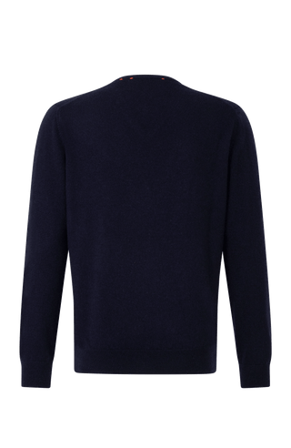Rückansicht vom Kaschmirpullover „Nio2.0-WS“ von Frauenschuh in Midnight (Dunkelblau); der hochwertige Pullover aus weichem Kaschmir zeigt eine klare, schlichte Rückseite ohne Applikationen, mit feinen Rippbündchen am Saum und an den Ärmeln