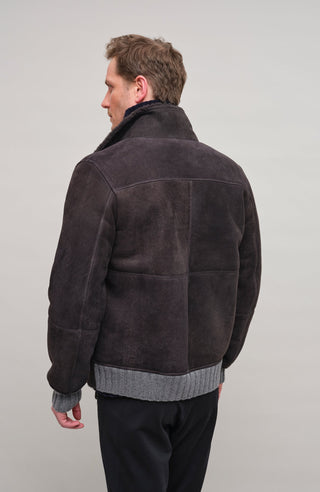 Herren-Lederjacke Modell Alvin MV in Farbe Elefant – Model Rueckansicht mit Stehkragen und Lammfellfutter