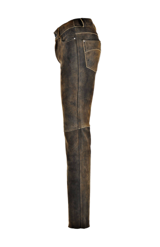 Hirschlederhose Herren in Alt-Ischia Braun, Seitenansicht, hochwertige Lederhose mit geradem Schnitt, Gesäßtaschen und Kniequernähten