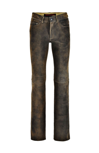 Hirschlederhose Herren in Alt-Ischia Braun, Vorderansicht, hochwertige Lederhose mit geradem Schnitt, Gesäßtaschen und Kniequernähten