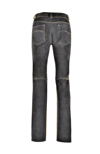 Hirschlederhose Herren in elefant, Rueckansicht, hochwertige Lederhose mit geradem Schnitt, Gesäßtaschen und Kniequernähten