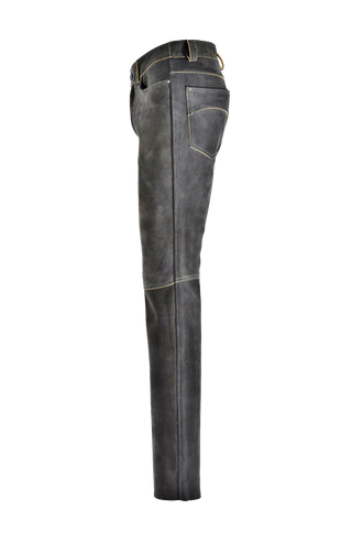 Hirschlederhose Herren in elefant, Seitenansicht, hochwertige Lederhose mit geradem Schnitt, Gesäßtaschen und Kniequernähten