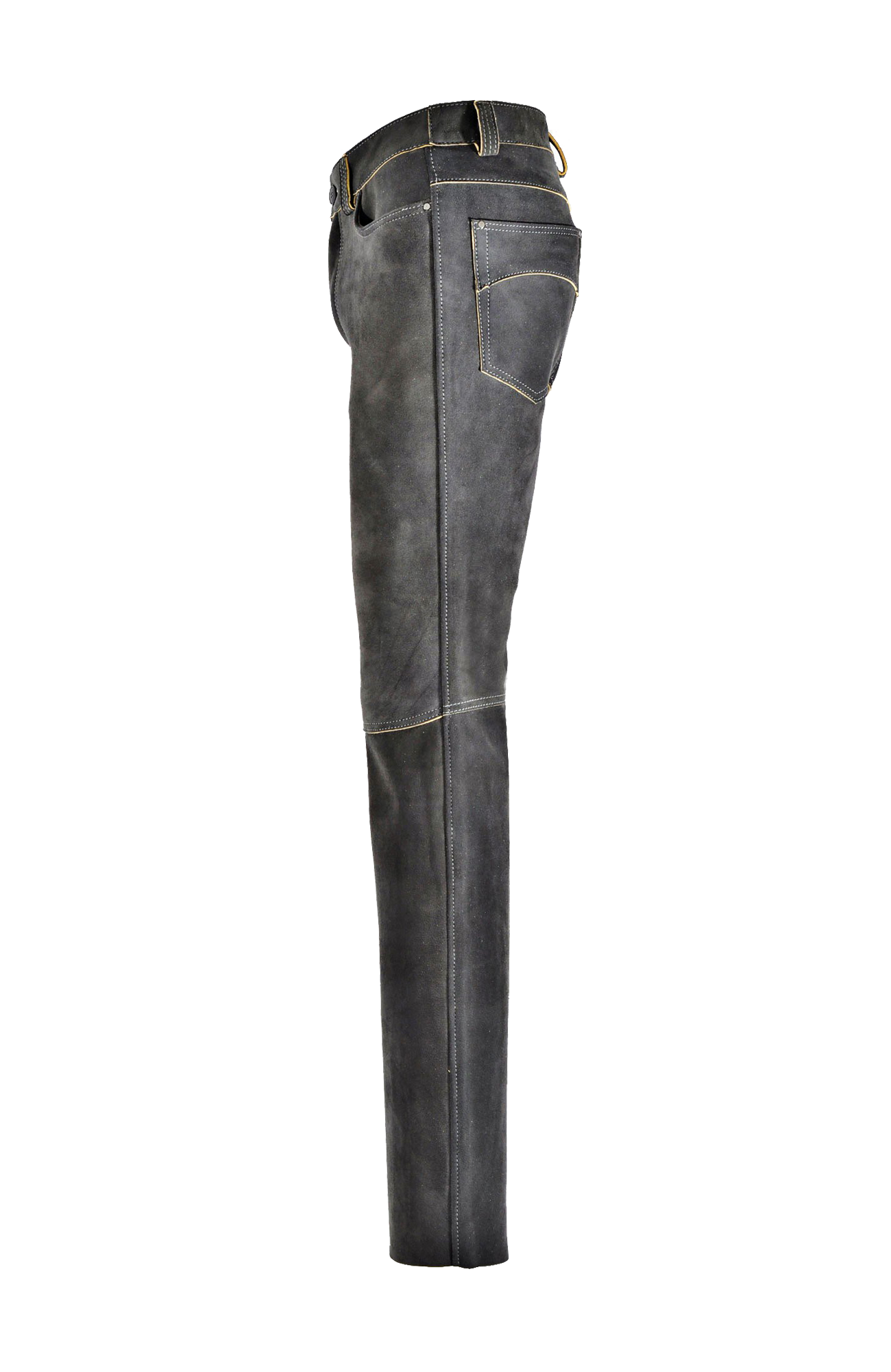 Hirschlederhose Herren in elefant, Seitenansicht, hochwertige Lederhose mit geradem Schnitt, Gesäßtaschen und Kniequernähten