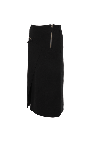 Knielanger Damen-Walkrock Modell Zita in Schwarz, Seitenansicht– eleganter Wollrock mit klassischem Schnitt, ideal für Herbst und Winter.