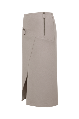Knielanger Damen-Walkrock Modell Zita in cashmere Seitenansicht– eleganter Wollrock mit klassischem Schnitt, ideal für Herbst und Winter.