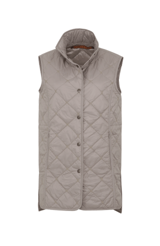 Lange Steppweste Kim-QL in Farbe 310 Cashmere, Vorderansicht, Damenweste aus nachhaltiger Mode aus Österreich