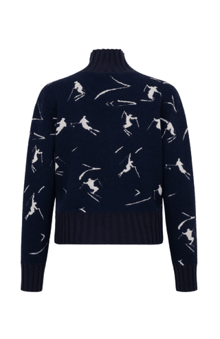Frauenschuh Rollkragenpullover Tina Multi ME Modell 135544 in Midnight, Rueckansicht, mit farbintensivem Skifahrermotiv, Merinowolle, legere Passform