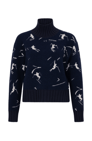 Frauenschuh Rollkragenpullover Tina Multi ME Modell 135544 in Midnight, Vorderansicht, mit farbintensivem Skifahrermotiv, Merinowolle, legere Passform