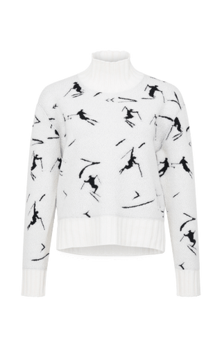 Frauenschuh Rollkragenpullover Tina Multi ME Modell 135544 in Creme, Vorderansicht, mit farbintensivem Skifahrermotiv, Merinowolle, legere Passform