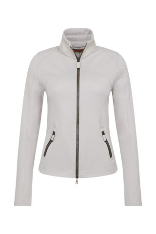Sportjacke aus Wool Powerstretch in der Farbe Sandstone (Modell 562624_Jana-PSW), Vorderansicht – figurbetonte Passform, durchgehender Reißverschluss und hoher Kragen
