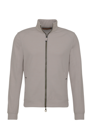 Sportliche Herrenjacke aus Wool Powerstretch in der Farbe cashmere (Modell 613624_Cooper-PSW), Vorderansicht– taillierter Schnitt, hoher Kragen und durchgehender Reißverschluss. Frauenschuh – made in Austria.