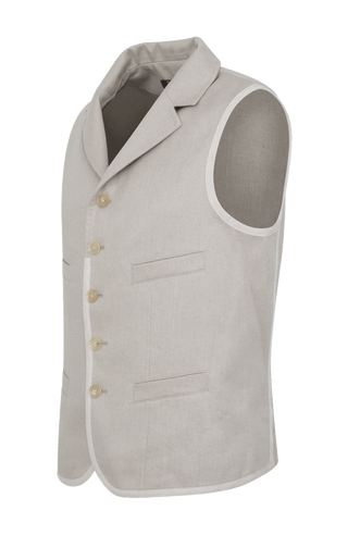 Ärmelloses Herren-Gilet aus hochwertigem Baumwoll-Leinen-Mix mit angenehm weichem Griff und dezenter melierter Optik. Moderner, neu interpretierter Schnitt mit maskuliner Silhouette und markantem Reverskragen. Mit Knopfleiste, aufgesetzten Brust- und Fronttaschen sowie kleiner Eingrifftasche links. Abgerundeter Saum für dynamische Linien und eingefasste Baumwollbänder an Saum, Taschen und Seitennähten als dezente Details. Vielseitig kombinierbar und als maskulines Fashion-Statement geeignet.