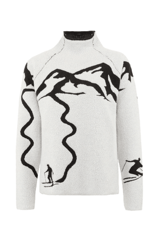 Vorderansicht eines Damenpullovers aus 100 % extrafeiner Merinowolle, Modell „Chatel-ME“ in der Farbe Grau. Die Vorderseite zeigt ein kunstvoll gestaltetes Jacquard-Motiv aus skizzierten Berglandschaften, urbanen Elementen und dynamischen Skifahrern. Das hochwertige Merinogarn – leicht, weich und angenehm auf der Haut – wird in Italien produziert und auf modernsten Maschinen verarbeitet. Die Kombination aus künstlerischem Design & technischer Strickkunst macht den Pullover besonders stilvoll