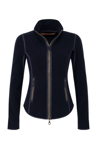 Klassische Frauenschuh-Jacke aus biologisch abbaubarem Microfleece. Enganliegend und feminin geschnitten mit abgerundetem Saum, Zwei-Wege-Zipper und seitlichen Taschen mit Zip. Das Material hält warm, ist leicht zu pflegen, komfortabel und nachhaltig. Farbe Dunkelblau (Farbe: midnight).
