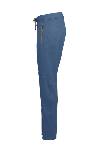 Frauenschuh Clio PSW Wollhose für Damen in Denim-Blau (209-0), Seitenansicht. Leichte, atmungsaktive Stretchhose für Frühling und Sommer, ideal für Freizeitaktivitäten und Sport. Mit elastischem Bund zum Zubinden und praktischen Reißverschlusstaschen für einen sportlich-modernen Look