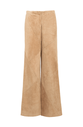Hose Mandy-Ca aus ökologisch gefärbtem und gegerbtem Lammleder, elastischer Bund, teilgefüttert, geometrische Patchwork-Nähte, weich, anschmiegsam und leicht. Farbe Hellbraun (Farbe: caramel).