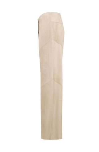 Hose Mandy-Ca aus ökologisch gefärbtem und gegerbtem Lammleder, elastischer Bund, teilgefüttert, geometrische Patchwork-Nähte, weich, anschmiegsam und leicht. Farbe Beige (Farbe: sandstone).