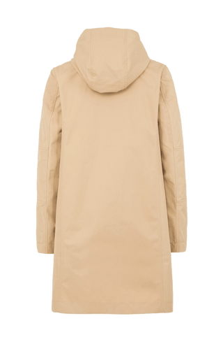 Damen-Knielanger Mantel aus Outdoor Cotton, wasser- und windabweisend, gerade Passform mit schmaler Silhouette, Stehkragen und weitenregulierbare Kapuze, Knopfleiste mit verdecktem Zwei-Wege-Zipper, Ripsband an Ärmelabschlüssen und Saum, seitliche Taschen mit markantem Zipper. In der Farbe Beige-Braun (Farbe: caramel).
