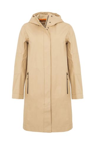 Damen-Knielanger Mantel aus Outdoor Cotton, wasser- und windabweisend, gerade Passform mit schmaler Silhouette, Stehkragen und weitenregulierbare Kapuze, Knopfleiste mit verdecktem Zwei-Wege-Zipper, Ripsband an Ärmelabschlüssen und Saum, seitliche Taschen mit markantem Zipper. In der Farbe Beige-Braun (Farbe: caramel).
