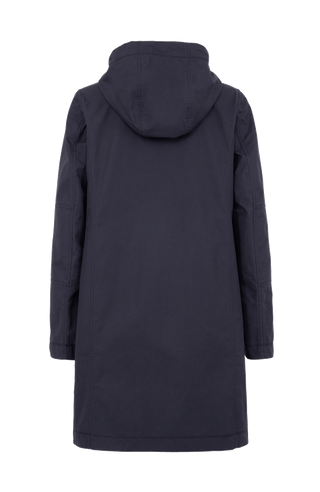 Damen-Knielanger Mantel aus Outdoor Cotton, wasser- und windabweisend, gerade Passform mit schmaler Silhouette, Stehkragen und weitenregulierbare Kapuze, Knopfleiste mit verdecktem Zwei-Wege-Zipper, Ripsband an Ärmelabschlüssen und Saum, seitliche Taschen mit markantem Zipper. In der Farbe Dunkelblau (Farbe: midnight).