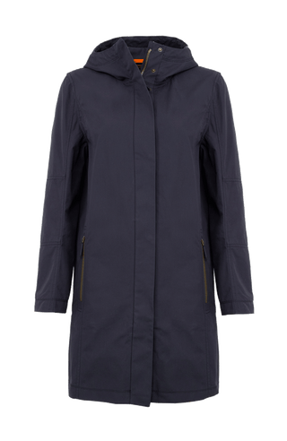 Damen-Knielanger Mantel aus Outdoor Cotton, wasser- und windabweisend, gerade Passform mit schmaler Silhouette, Stehkragen und weitenregulierbare Kapuze, Knopfleiste mit verdecktem Zwei-Wege-Zipper, Ripsband an Ärmelabschlüssen und Saum, seitliche Taschen mit markantem Zipper. In der Farbe Dunkelblau (Farbe: midnight).
