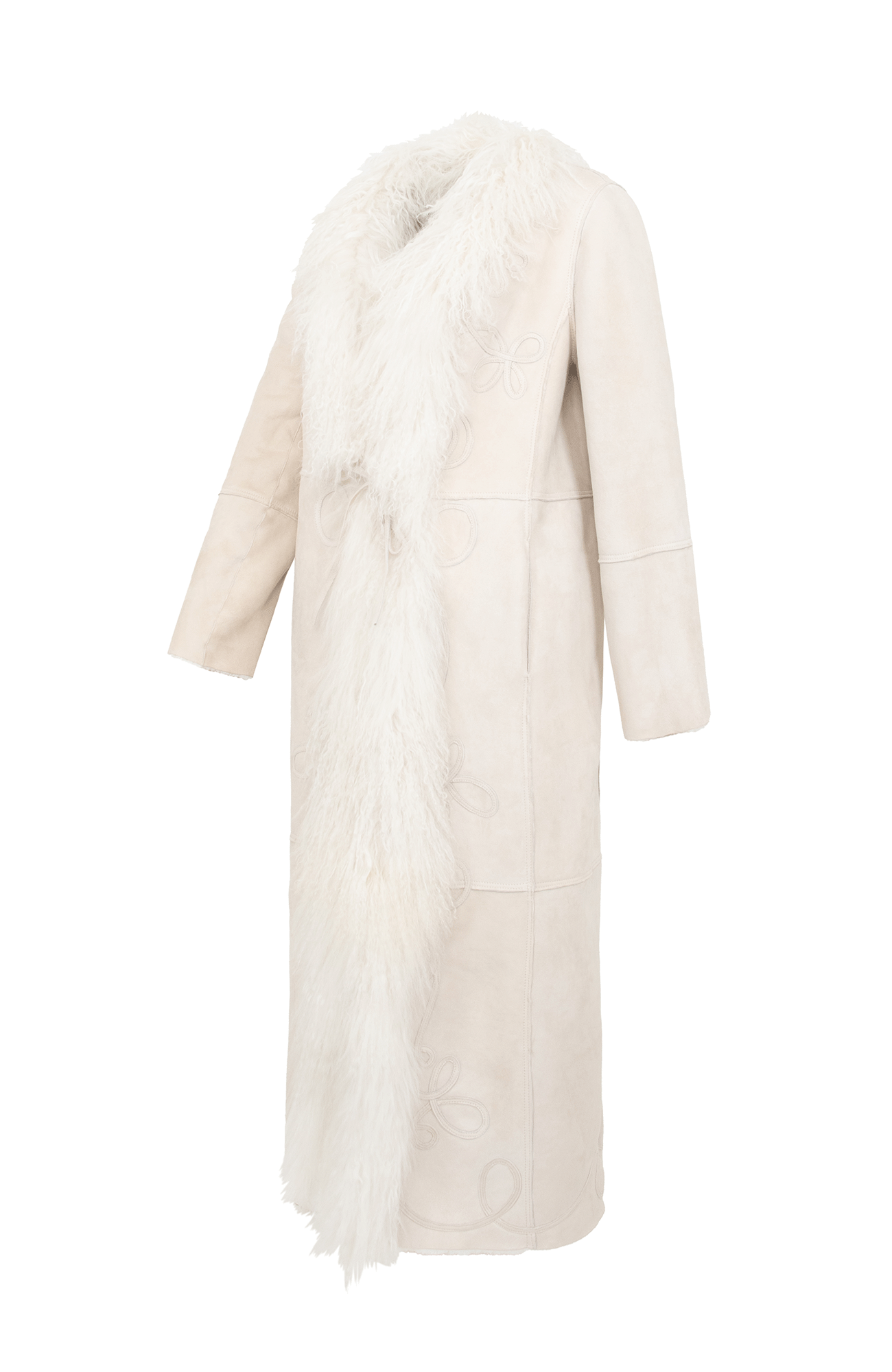 Auffallend langer Lammfell-Mantel Lyn-dfm, Frauenschuh Special Edition im hippie-inspirierten Boho-Look. 2-in-1 beidseitig tragbar, mit aufgenähten Applikationen auf der Glattleder- und Fellseite, offenkantiger Nahtverarbeitung an Saum und Ärmeln sowie Lederbändern zum lockeren Verschließen. Seitlich zwei Eingriffstaschen. Das lange Curly-Fell an Revers und Ärmelabschlüssen unterstreicht die besondere Länge und den markanten Charakter. In der Farbe Creme (Farbe: nude)