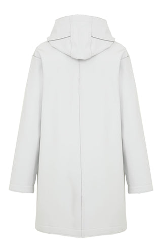 Damen-Parka-Mantel aus edlem Softshellmaterial mit geradem Schnitt, verborgenem Reißverschluss mit Druckknopfleiste, zwei Seitentaschen und zwei Innentaschen. Oversize Schnitt für eine locker fallende Passform. Wählen Sie Ihre gewöhnliche Größe. In der Farbe Weiß (Farbe: glacier).