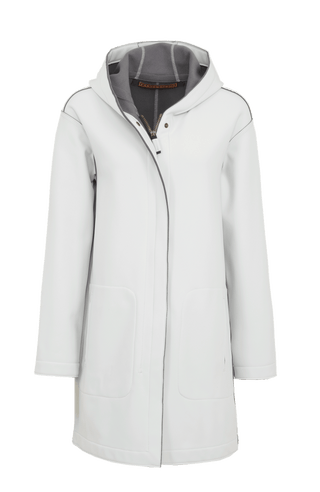 Damen-Parka-Mantel aus edlem Softshellmaterial mit geradem Schnitt, verborgenem Reißverschluss mit Druckknopfleiste, zwei Seitentaschen und zwei Innentaschen. Oversize Schnitt für eine locker fallende Passform. Wählen Sie Ihre gewöhnliche Größe. In der Farbe Weiß (Farbe: glacier).